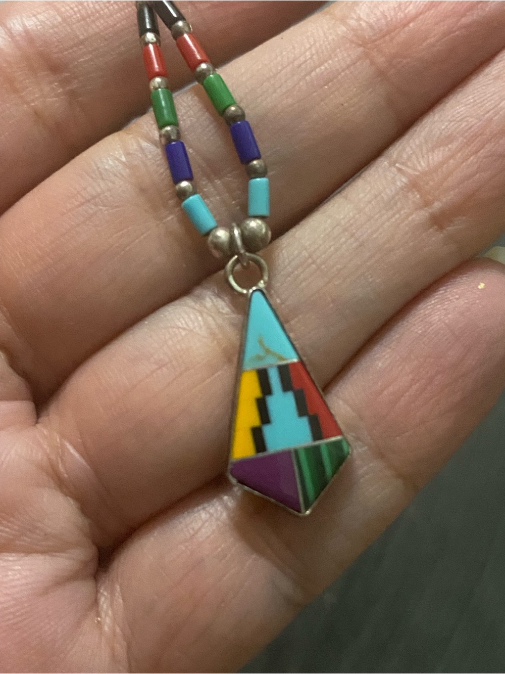 Multicolor Inlay Geometric Pendant Necklace might be sterling silver